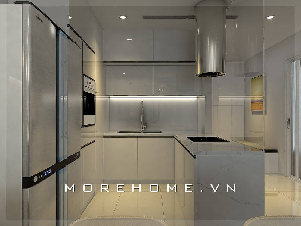 Thiết kế phòng bếp chung cư hiện đại với nội thất gỗ công nghiệp đơn giản, tiện nghi